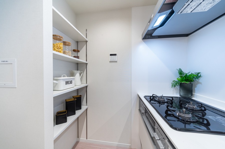 キッチン背面の棚は食品ストックなどの収納に便利です。収納するものによって高さが調整できる可動棚です。