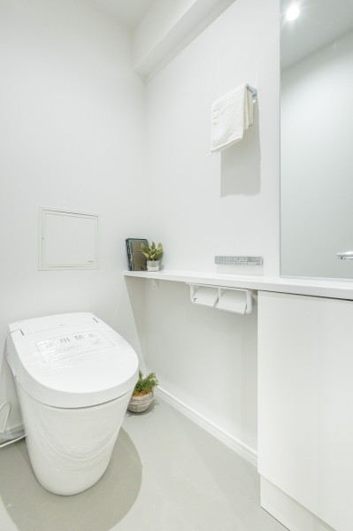 洗練されたお部屋にぴったりなスタイリッシュなタンクレストイレを採用しました。手洗いカウンターを造作し、使い勝手良好な空間です。