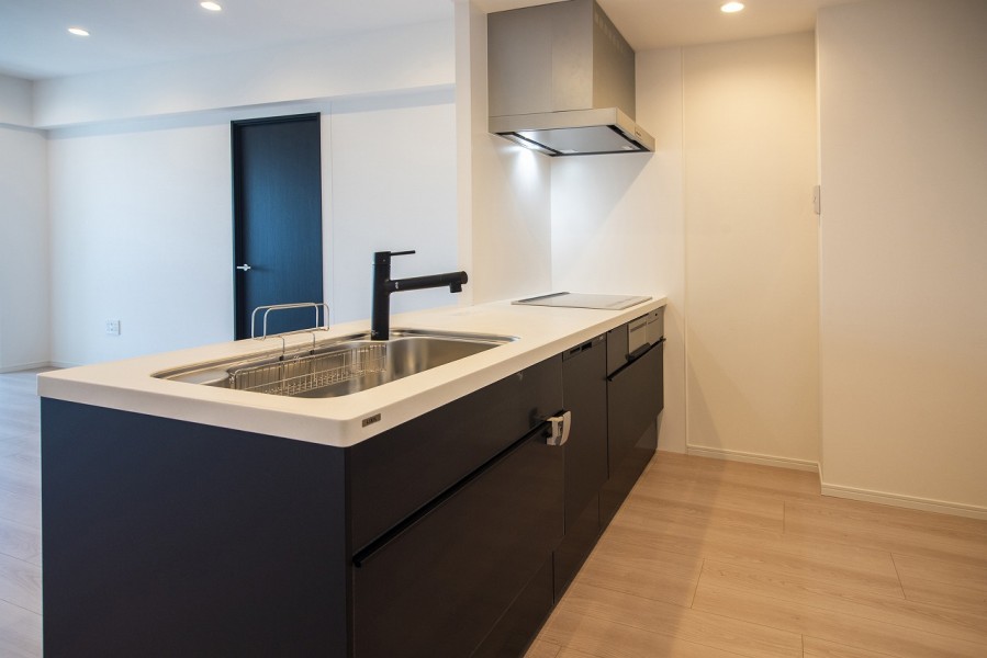 LIXIL製システムキッチン（食器洗浄乾燥機付）を新規設置。室内の色合いに調和した、デザイン性の高いキッチンです。
