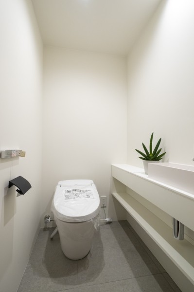 レストルームには洗練されたお部屋にぴったりなスタイリッシュなタンクレストイレが設置されています。手洗い場や収納に便利なカウンターも備え付けです。