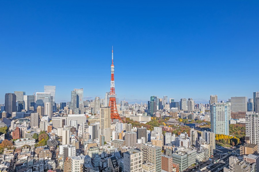 都会らしさを存分に感じさせる東京タワービューのお部屋です。聳え立つビル群とどこまでも続く青空、色鮮やかな東京タワーのコントラストが楽しめる、のびのびとした景色が広がります