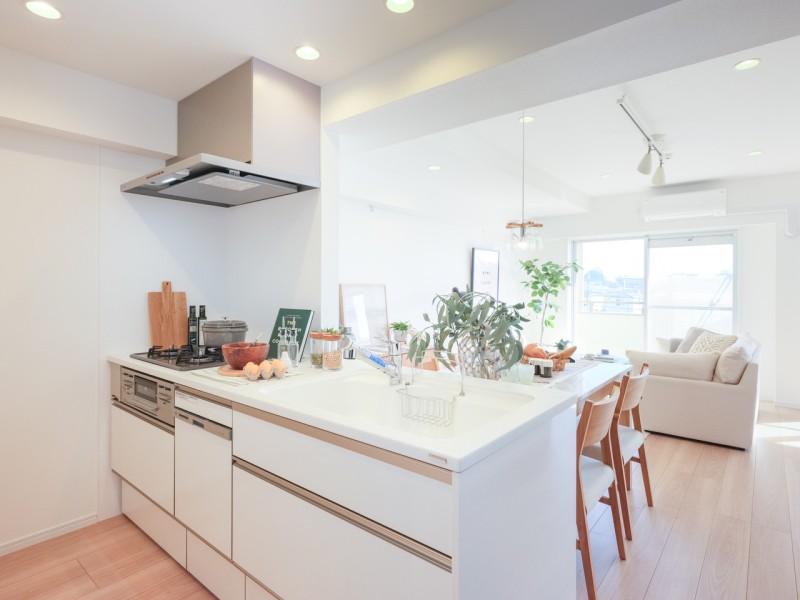 開放的なオープンキッチンは、お部屋に溶け込む清潔感のあるホワイト調のデザインを採用。いつまでも飽きのこないスタイリッシュで実用的なシステムキッチンです。