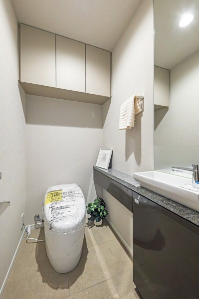 レストルームにはスマートなタンクレストイレを採用。上部吊戸棚、手洗いカウンターなど使いやすい設備を揃えました。