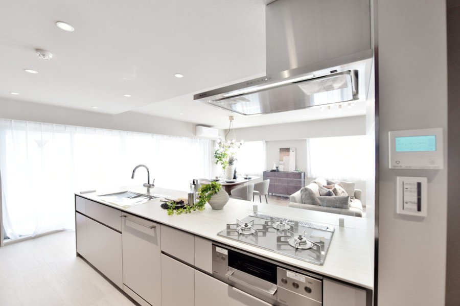 このお部屋のためにデザインされた田中工藝製システムキッチンです。広々としたシンクや作業台で工程の多いメニューにもチャレンジしたくなるような使い勝手です。大容量の食器洗い乾燥機で、まとめて洗えて快適です