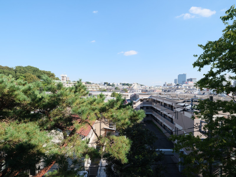 バルコニーからの眺望です。伸びやかに広がる空の青と豊かな植栽の緑のコントラストがお楽しみいただけます。前面にも高い建物がなく、気分転換にほっとひといきつける空間です。